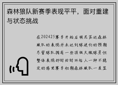 森林狼队新赛季表现平平，面对重建与状态挑战